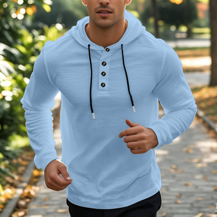 Men's casual hoodie in Henley style with button placket and adjustable drawstring Mune Fashion