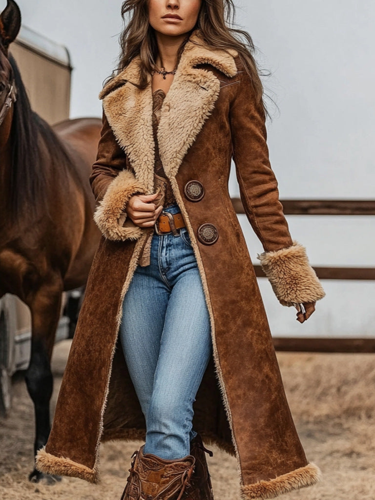 Women's long cut velour shearling coat with teddy trim and fitted silhouette Mune Fashion