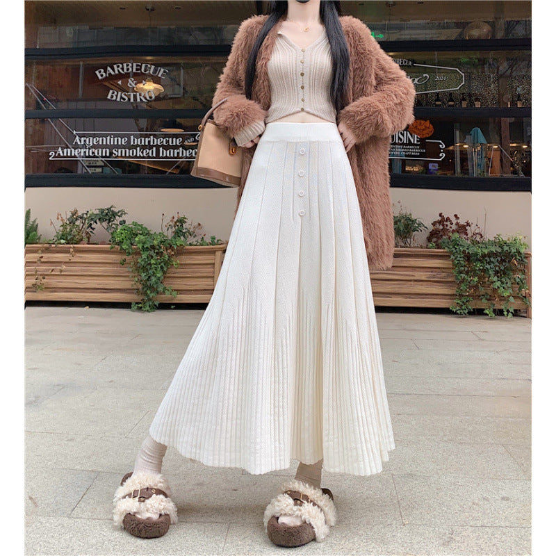 Ladies Elegant Maxi Skirt with Fine Pleats and Button Details Mune Fashion