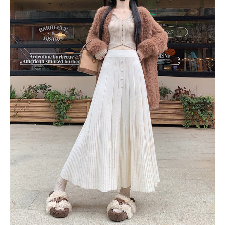 Ladies Elegant Maxi Skirt with Fine Pleats and Button Details Mune Fashion