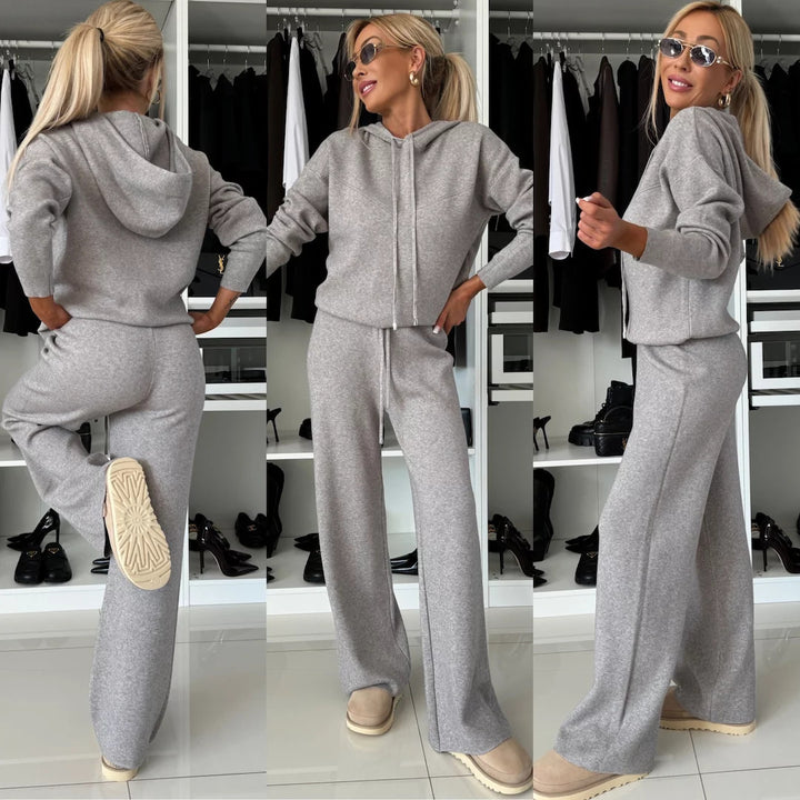Women's luxurious fine knit loungewear set with hoodie, elastic comfortable waistband, and flowing wide-leg pant leg Mune Fashion