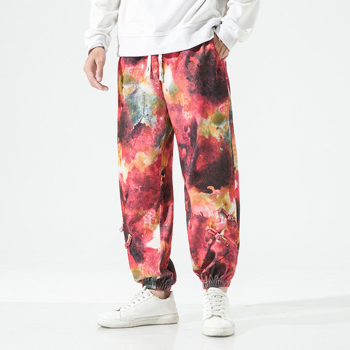 Men's Tie-Dye Baggy Jogging Pants with Drawstring, Elastic Cuffs and Decorative Straps Mune Fashion