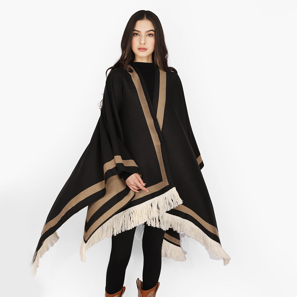 Women Rectangular Cape Poncho with Graphic Border Stripe, Fringes and Boxy Silhouette Mune Fashion