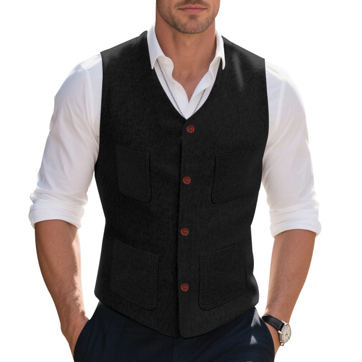 Men's wool blend vest with V-neck, patch pockets, and mesh lining Mune Fashion