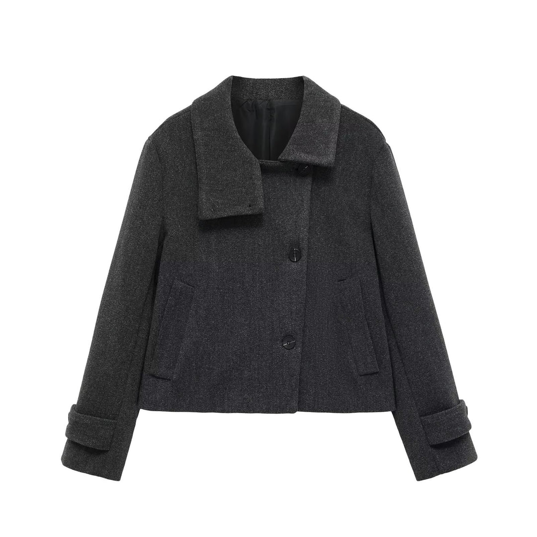 Ladies short wool blend jacket with shawl collar, boxy shape and adjustable cuffs Mune Fashion