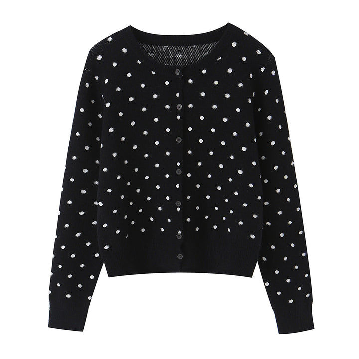 Ladies Cropped Cardigan with Round Neck and Dot Structure Mune Fashion