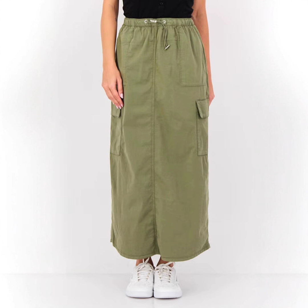 Women Long Cargo Maxi Skirt with Drawstring Waist and Flap Pockets Drune