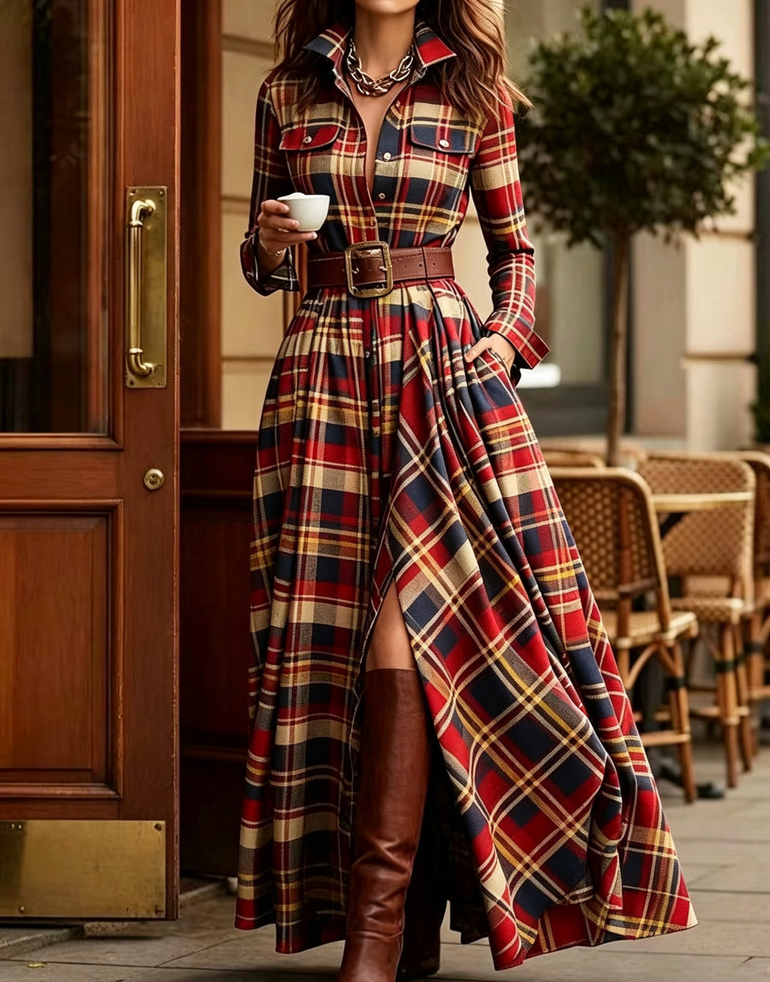 Women checked maxi dress shirt dress with flared skirt and wide waistband Mune Fashion