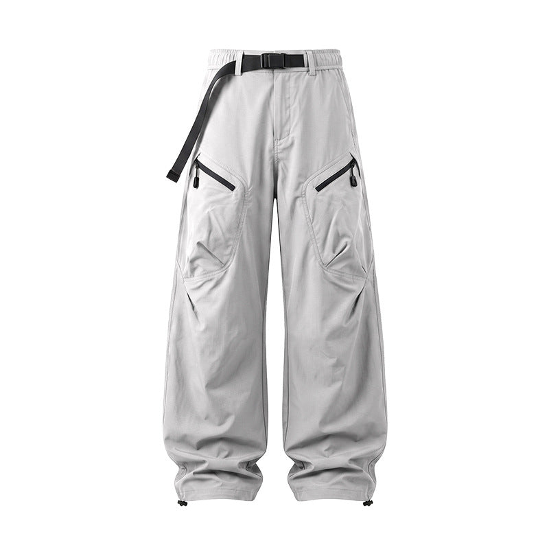 Men's Wide Ripstop Cargo Pants with Integrated Web Belt, Zipper Pockets, and Drawcord Finish Drune