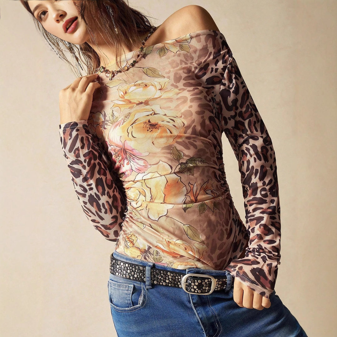 Ladies' figure-hugging tulle long sleeve with animal and floral print, off-the-shoulder neckline and side gathering Mune Fashion