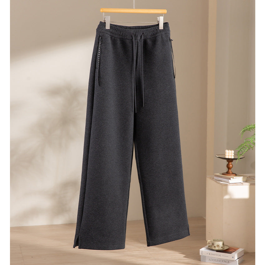 Women's wide French-Terry lounge sweatpants with high waistband, drawstring and side slits Mune Fashion