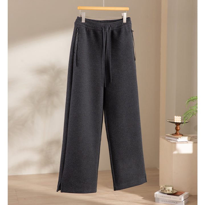 Ladies Wide Highwaist Sweatpants with Drawstring, Side Pockets and Hem Slit Mune Fashion