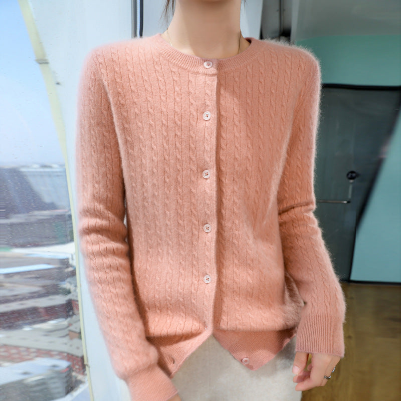 Ladies Short-cut Fine Knit Cardigan with Subtle Structure and Round Neck Mune Fashion