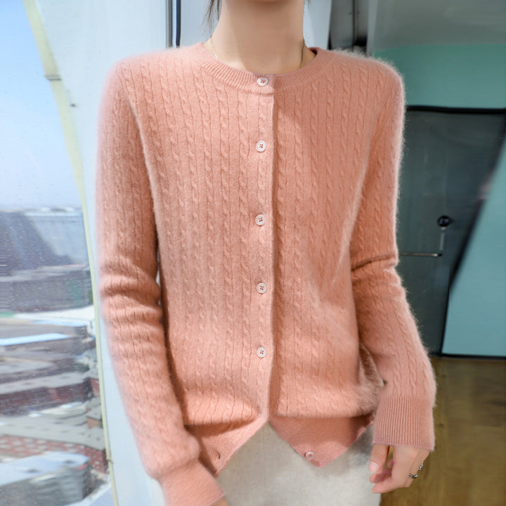 Ladies Short-cut Fine Knit Cardigan with Subtle Structure and Round Neck Mune Fashion