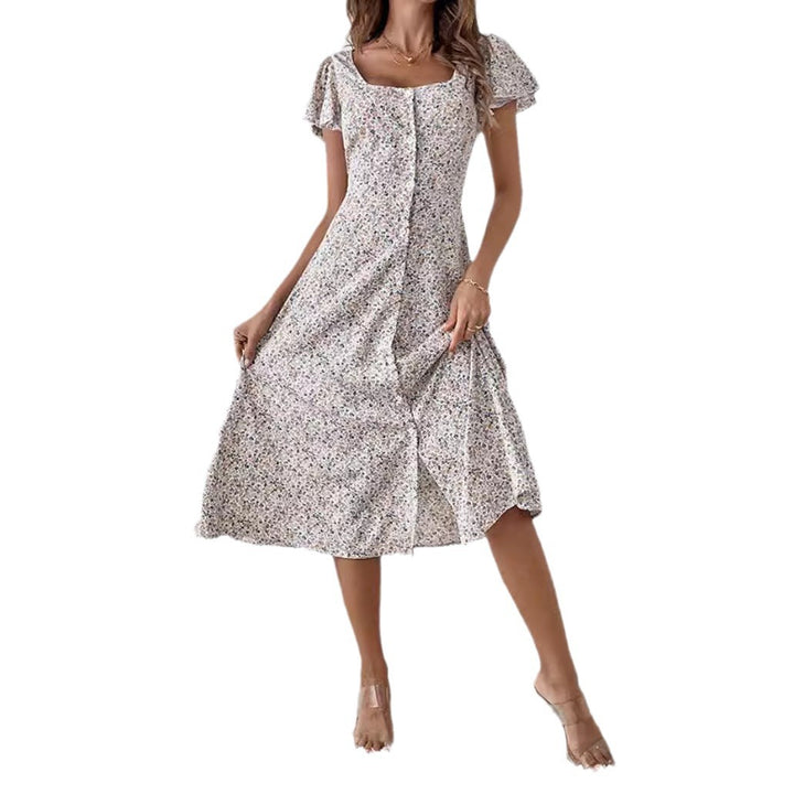 Women's fitted midi dress with square neckline, concealed button placket, and flowing A-line skirt Mune Fashion