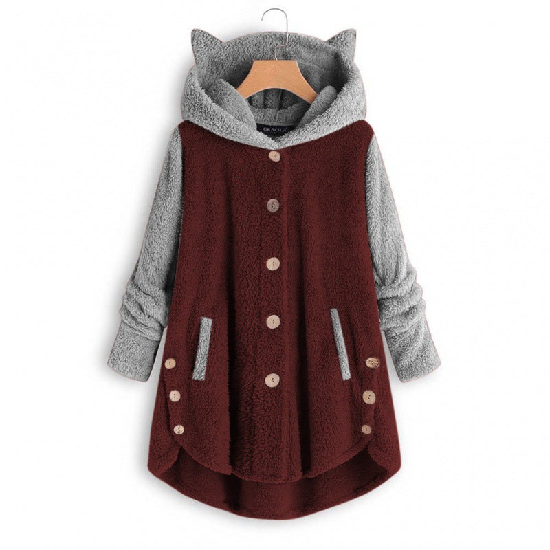 Women's Cozy Hooded Teddy Jacket with Cat Ears, Wooden Button Details and High-Low Hem Mune Fashion