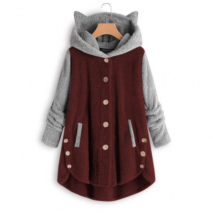 Women's Cozy Hooded Teddy Jacket with Cat Ears, Wooden Button Details and High-Low Hem Mune Fashion