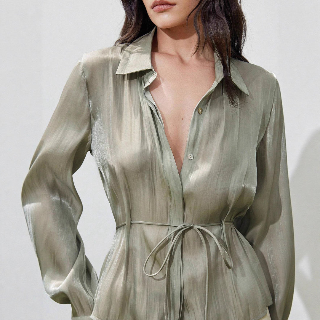 Ladies Satin Finish Tailored Blouse with Drawstring Mune Fashion