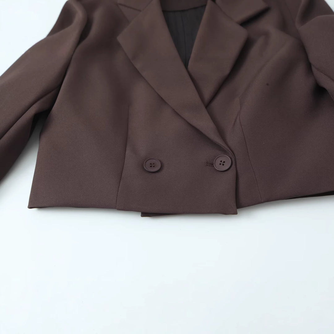 Women's Cropped Blazer with Double Button, Tailored Fit and Narrow Lapel Mune Fashion