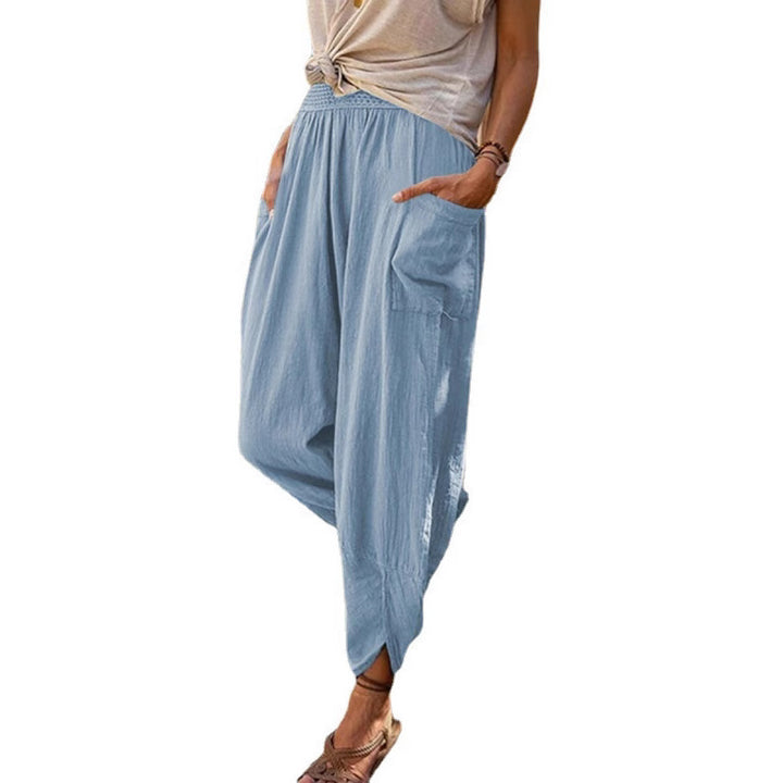 Women’s casual harem pants with elastic smock waistband, patch pockets, and gathered ankle cuffs Mune Fashion