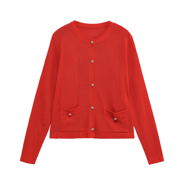 Women Fine Knit Cardigan with Decorative Buttons, Round Neckline and Patch Pockets Mune Fashion