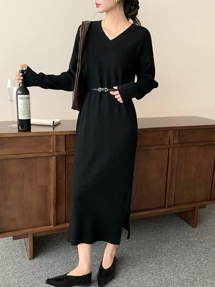 Women Long Fine Knit Midi Dress with V-Neck, Side Slit, and Relaxed Silhouette Mune Fashion
