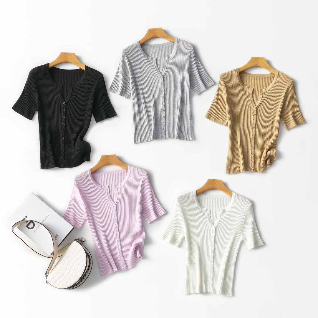 Women's Short-Sleeved Ribbed Button Cardigan from Fine Knit Mune Fashion
