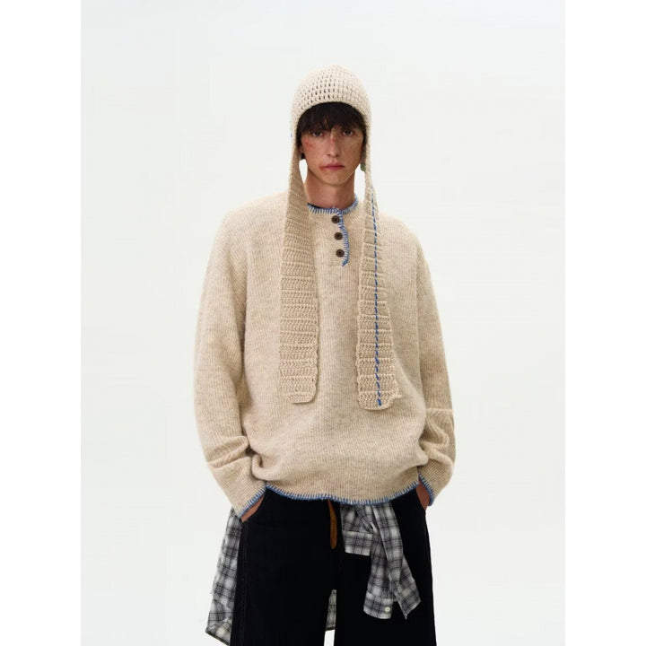 Men's chunky knit Henley pullover with boucle look and contrast cuffs Mune Fashion