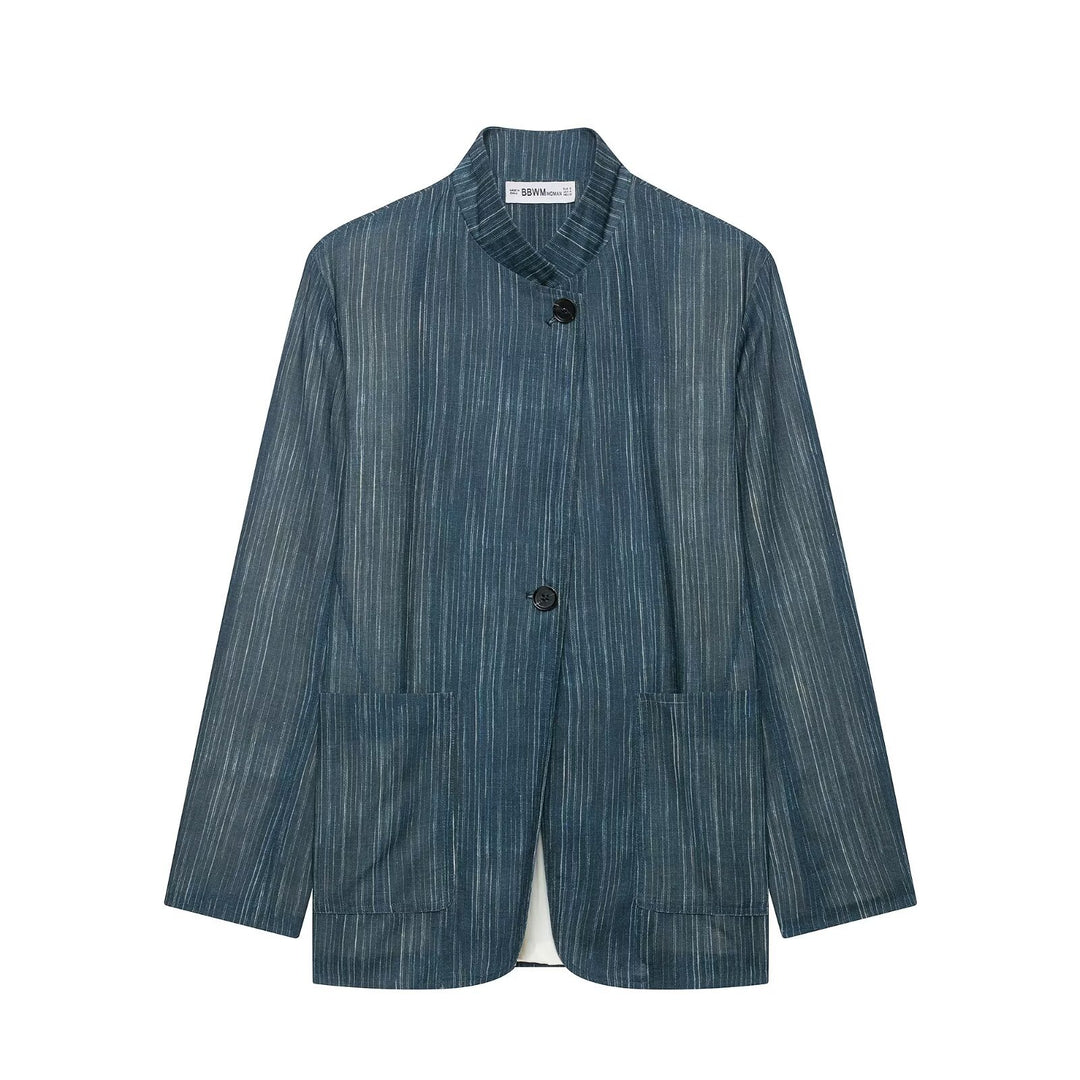 Women's Two-Piece Pinstripe Set with Stand Collar Blazer and High Waist Palazzo Pants Drune