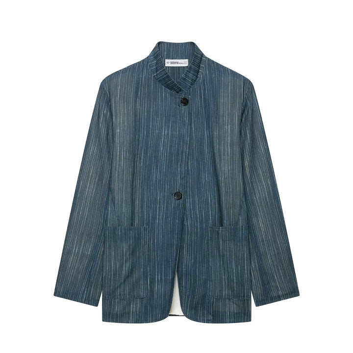Women's Two-Piece Pinstripe Set with Stand Collar Blazer and High Waist Palazzo Pants Drune