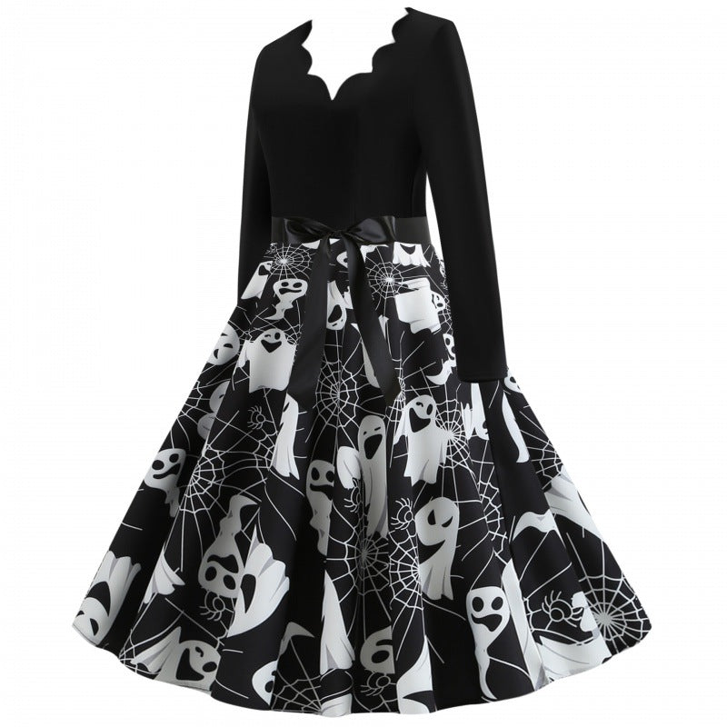 Women’s swing dress with wavy neckline, long-sleeved top and ghost print with waist bow Mune Fashion