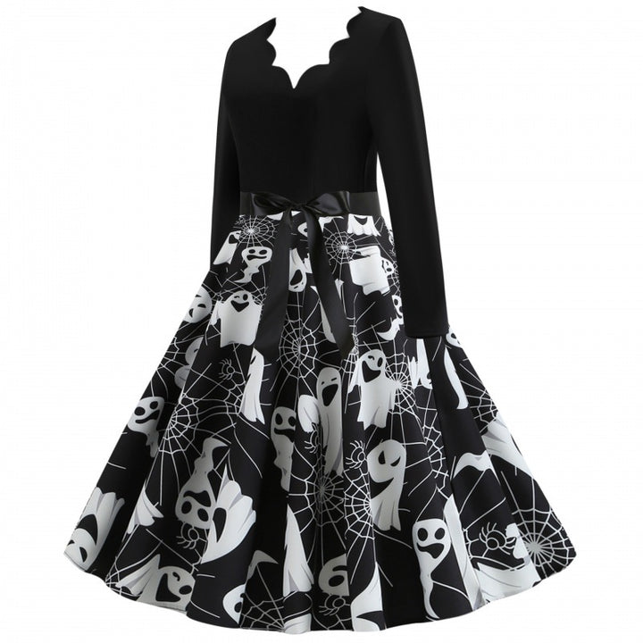 Women’s swing dress with wavy neckline, long-sleeved top and ghost print with waist bow Mune Fashion