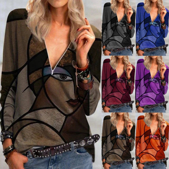 Women's V neck long sleeve shirt with abstract cubist print and zipper Mune Fashion