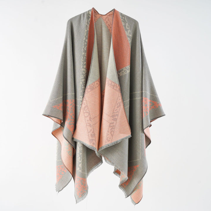 Women's Oversize Cape Throw with Jacquard Woven Patch Motifs and Fringed Hem Mune Fashion