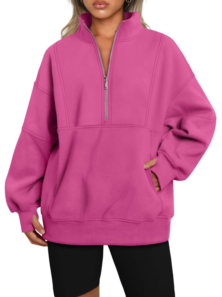 Women's Oversized Sweatshirt with Half Zipper, Stand-Up Collar and Kangaroo Pocket Mune Fashion