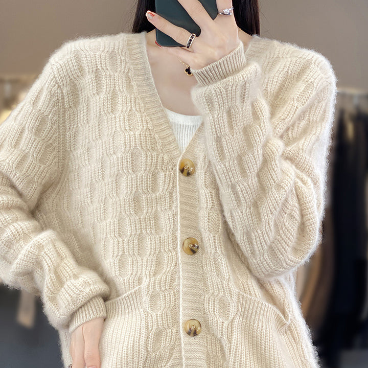 Women's Soft Angora-Look Cable Knit Cardigan with V-Neck and Patch Pockets Mune Fashion