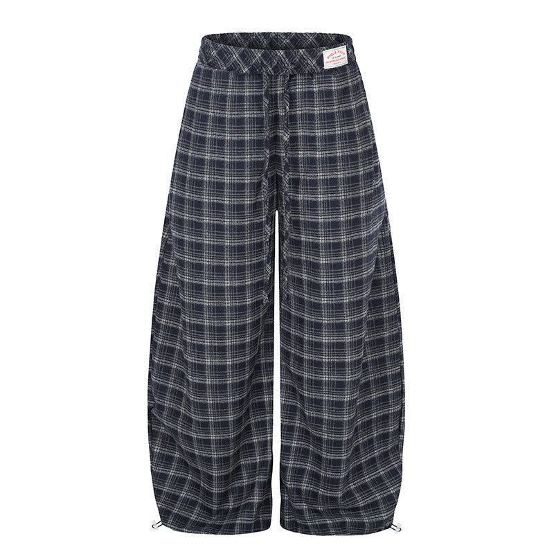 Women Checked Palazzo Pants in Loungewear Style with Wide Leg, Elastic Waistband and Drawstring