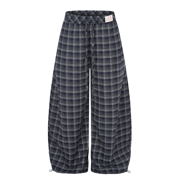 Women Checked Palazzo Pants in Loungewear Style with Wide Leg, Elastic Waistband and Drawstring