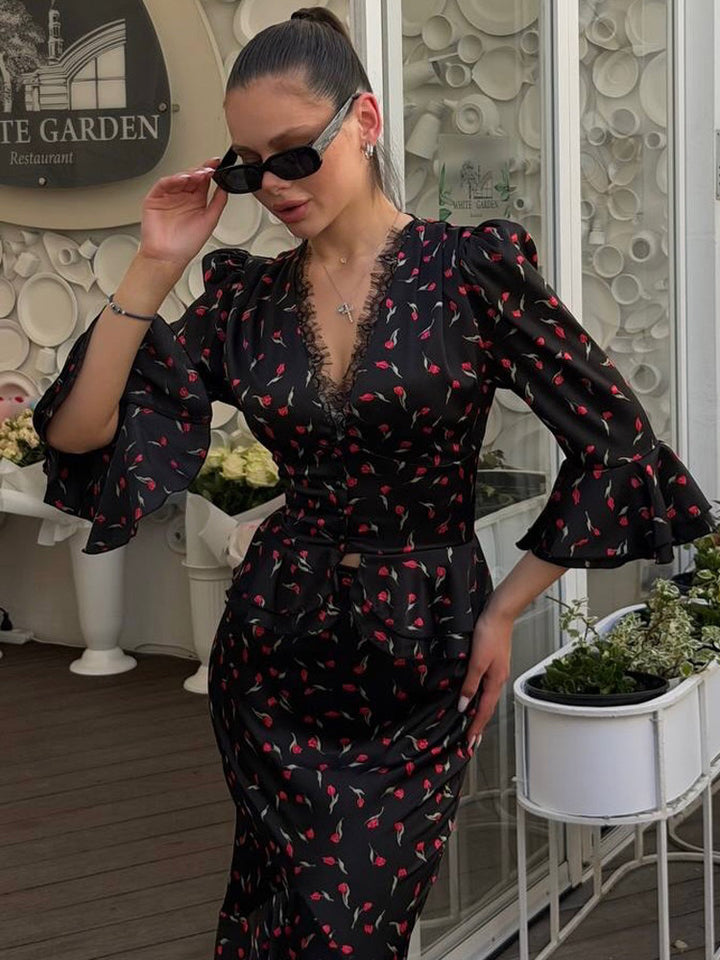 Women's Two-Piece Satin Set with Tailored Peplum Blouse & Mermaid Midi Skirt Mune Fashion