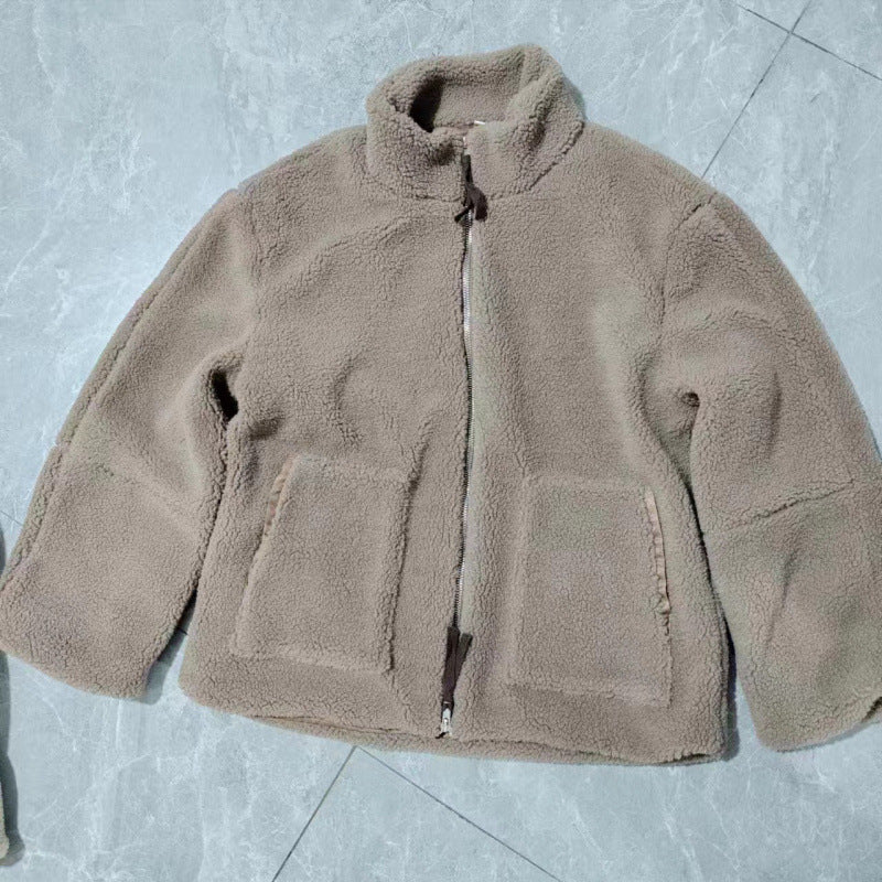 Ladies Cozy Teddy Fur Jacket with High Collar and Zipper Mune