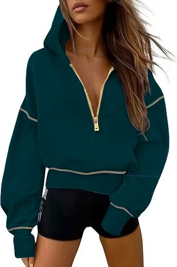 Women's cropped hooded pullover with half zipper and voluminous balloon sleeves Mune Fashion