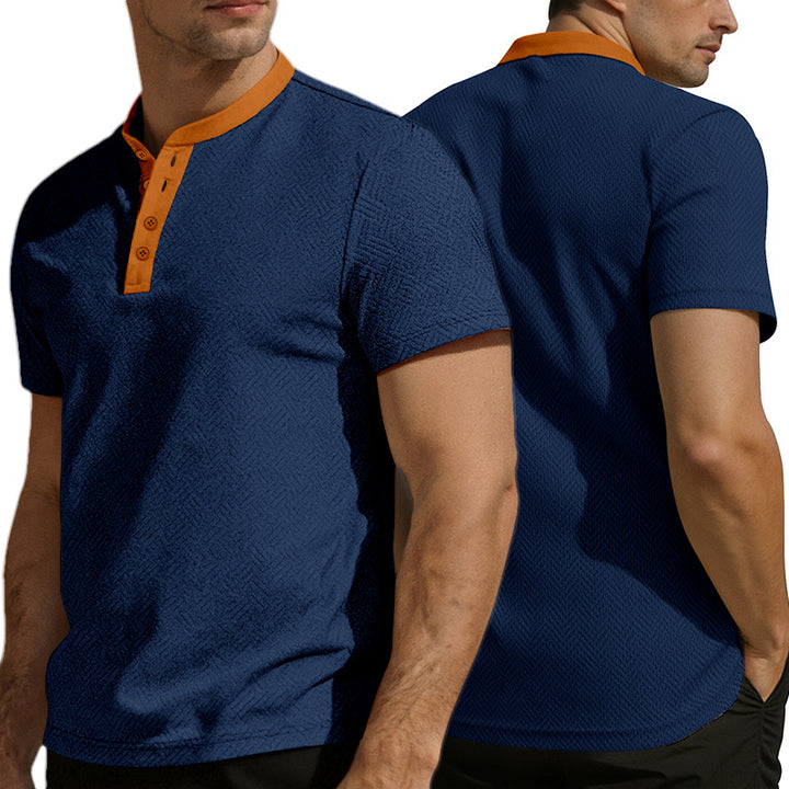 Men's slim short sleeve Henley polo shirt with Mandarin collar and fine jacquard texture Mune Fashion