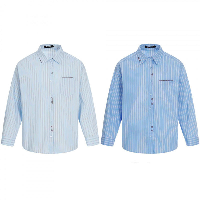 Men's Loose Oversized Shirt with Pinstripes, Chest Pocket and Contrast Stitches Mune Fashion
