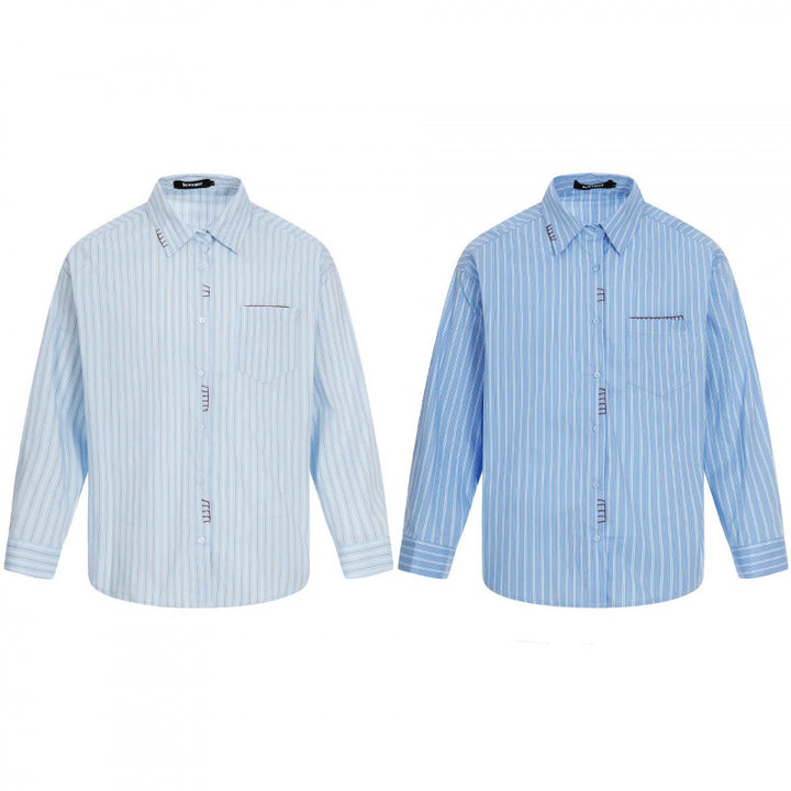 Men's Loose Oversized Shirt with Pinstripes, Chest Pocket and Contrast Stitches Mune Fashion