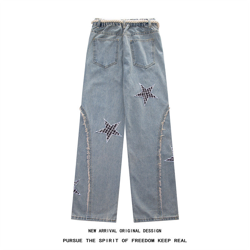 Women Wide High-Waist Denim Pants with Star Applications, Fringe Side Slits and Drawstring Waist Mune Fashion