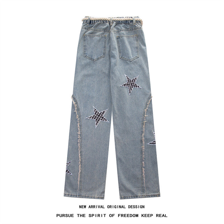 Women Wide High-Waist Denim Pants with Star Applications, Fringe Side Slits and Drawstring Waist Mune Fashion