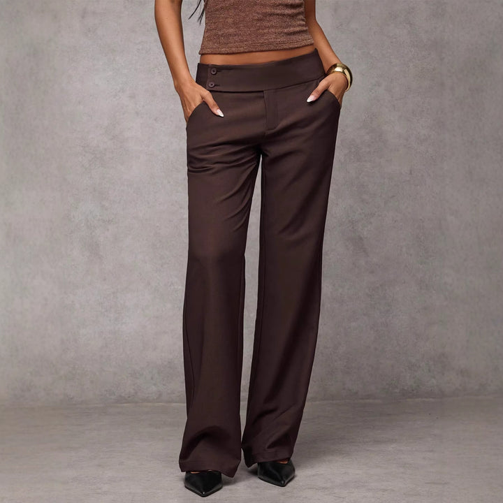 Women high-waisted straight-cut fabric trousers with wide leg and decorative button placket Mune Fashion