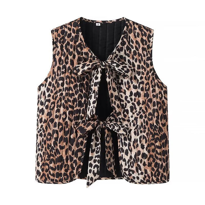 Women's sleeveless chiffon blouse with leopard print and double bow front Mune Fashion