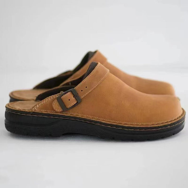 Men's Leather Mule Clog with adjustable buckle strap and padded comfort footbed Mune Fashion