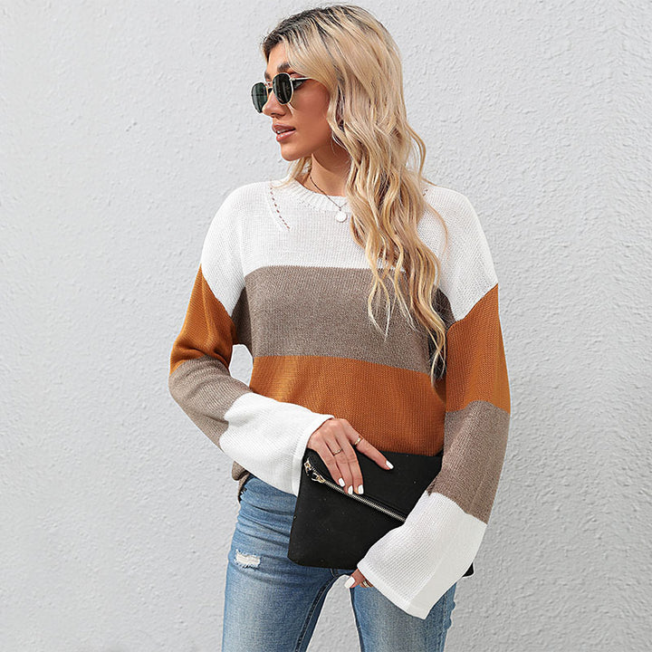 Women's Oversize Color Block Knit Sweater with Round Neck and Long Sleeves Mune Fashion